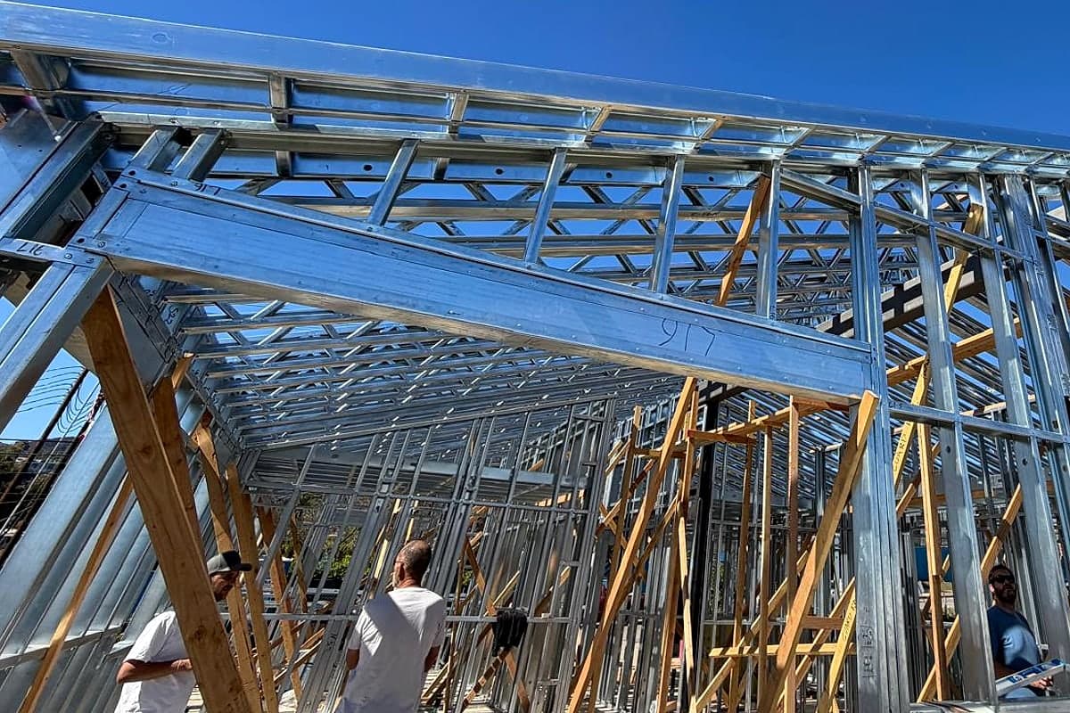 Steel roof eave and framing seen from below