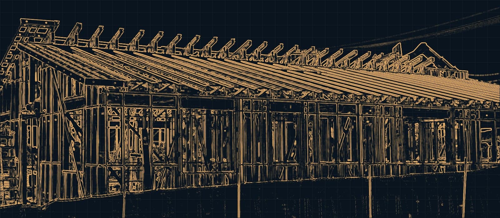 Line drawing of the house's steel frame, traced from the job-site photo