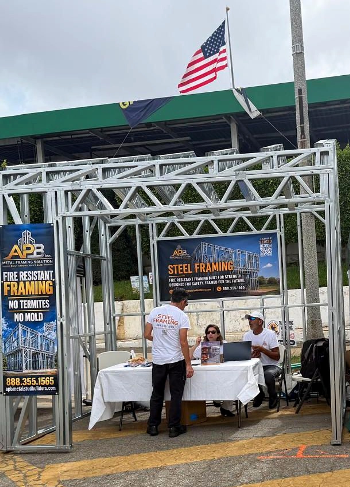 APB at a home-building expo, inside a full-size steel frame The APB booth at a home-building expo, set inside a full-size light-gauge steel frame display